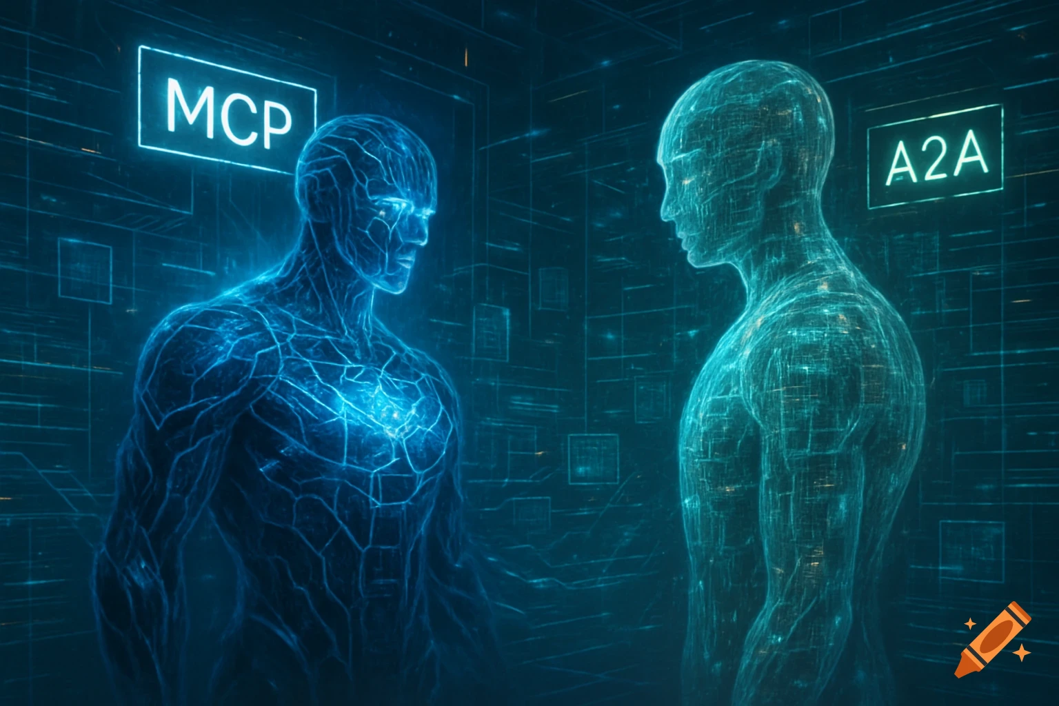 Two glowing, abstract digital human figures in blue and green, facing each other in a dark, circuitry-filled cyberspace environment.
