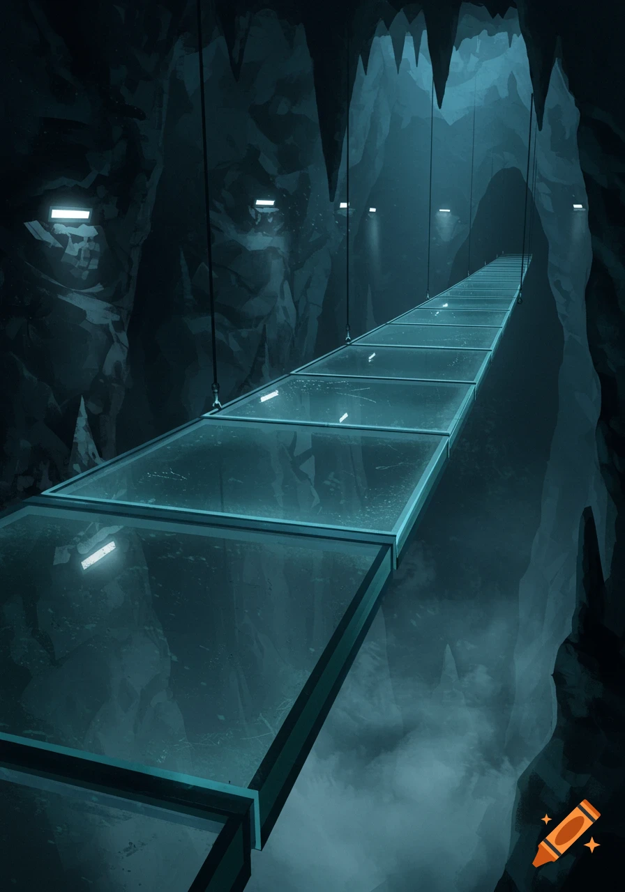 A futuristic glass bridge illuminated by bright lights extends through a dark, mysterious cavern with stalactites and stalagmites.