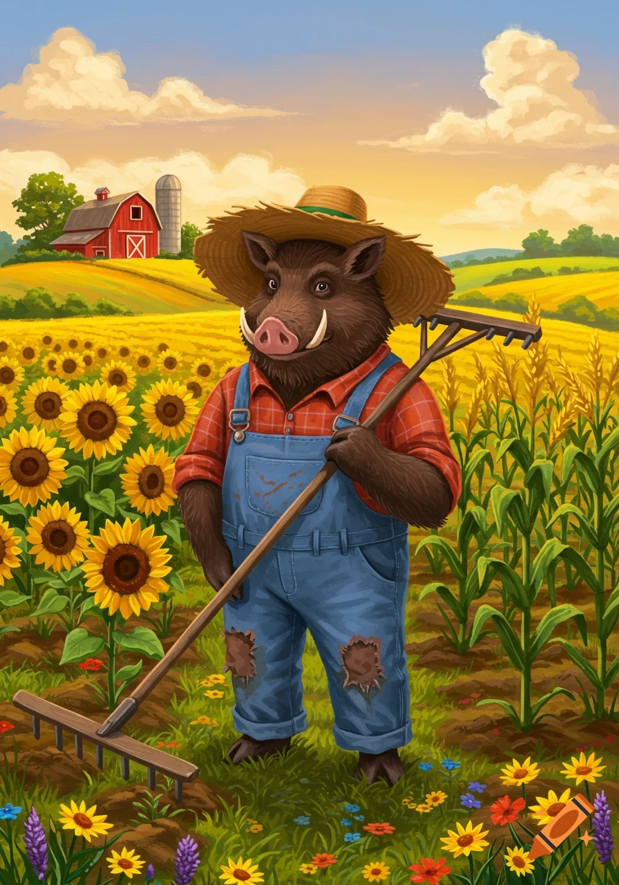 An anthropomorphic boar farmer wearing a straw hat and overalls stands in a vibrant field of sunflowers and corn near a red barn.