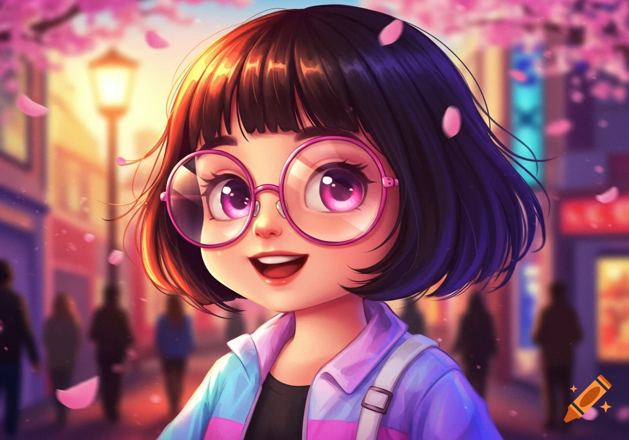 A vibrant anime-style portrait of a cute girl with short dark hair and large pink glasses smiling on a cherry blossom-lined city street.