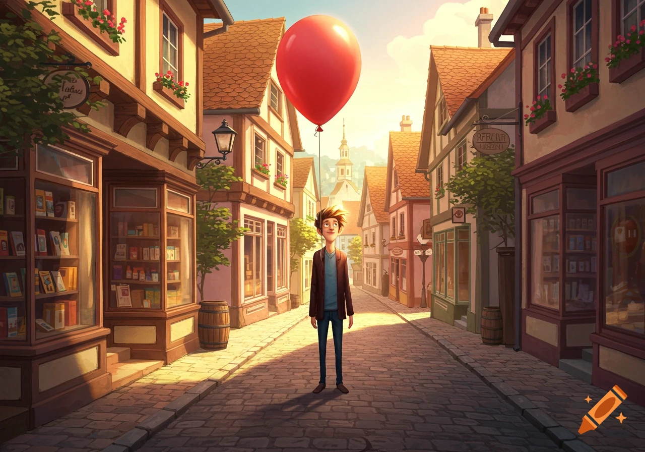 A cartoon boy holding a large red balloon stands on a cobblestone street lined with European-style shops at sunset.