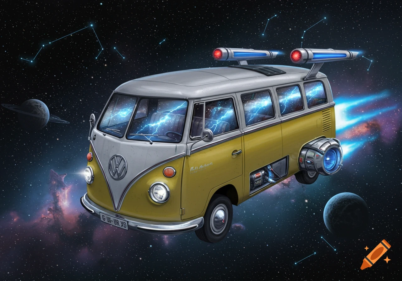 A yellow and grey VW bus flying through space with jet engines and lightning in its windows, planets and constellations in the background.