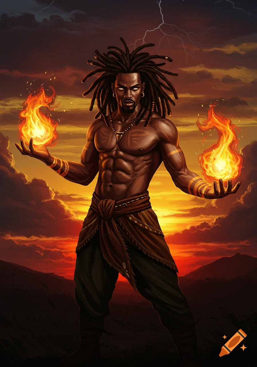 A powerful man with dreadlocks stands against a stormy sunset, holding fireballs as lightning flashes.