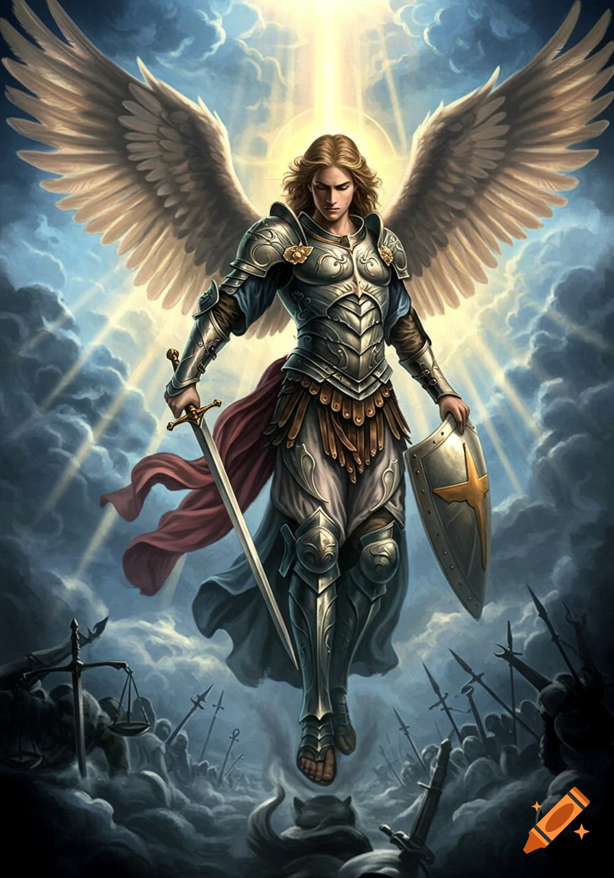 A majestic winged warrior in gleaming armor, holding a sword and shield, stands in heavenly clouds above a battlefield.
