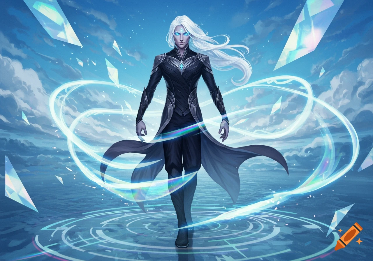 A male character with long white hair and blue glowing eyes, dressed in a dark, ornate suit, stands amidst glowing light rings and shards. The background is a blue sky with clouds and a water surface.