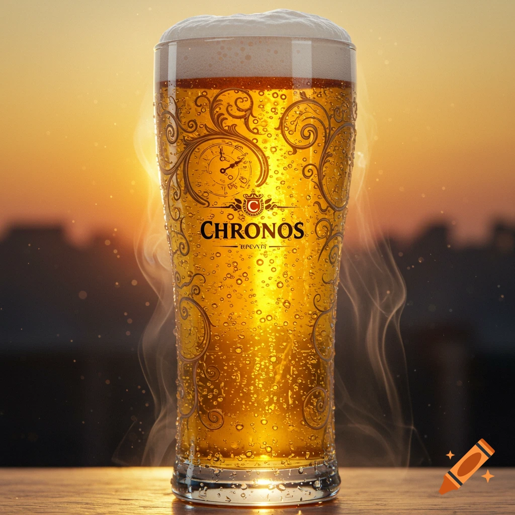 A glass of Chronos beer with a foamy head and condensation, against a golden sunset sky.