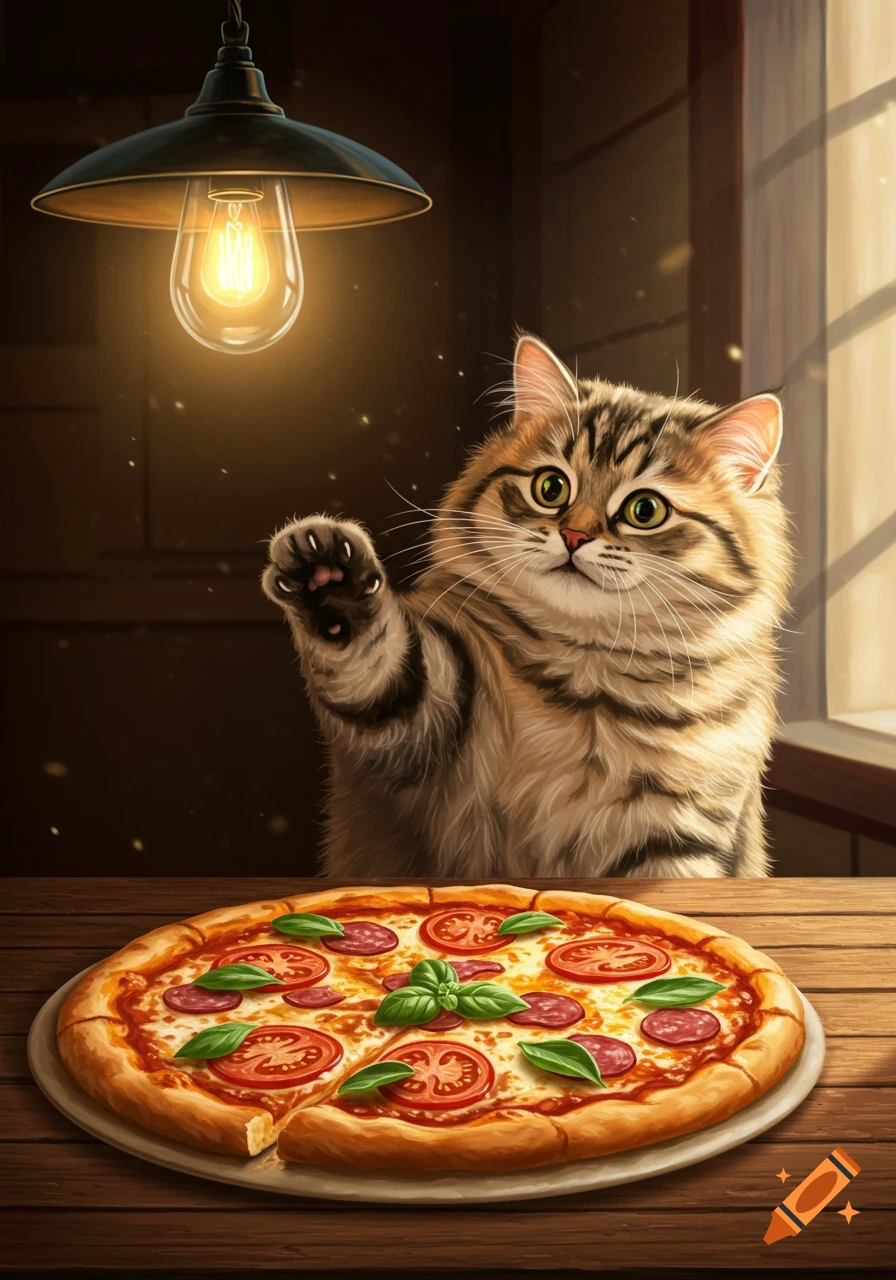 A fluffy tabby cat with green eyes reaches a paw towards a delicious pizza with tomatoes and pepperoni on a wooden table under a hanging lamp.