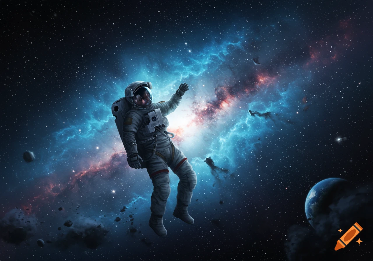 An astronaut floats in the vastness of space, surrounded by a luminous blue and red nebula, countless stars, and a distant planet.