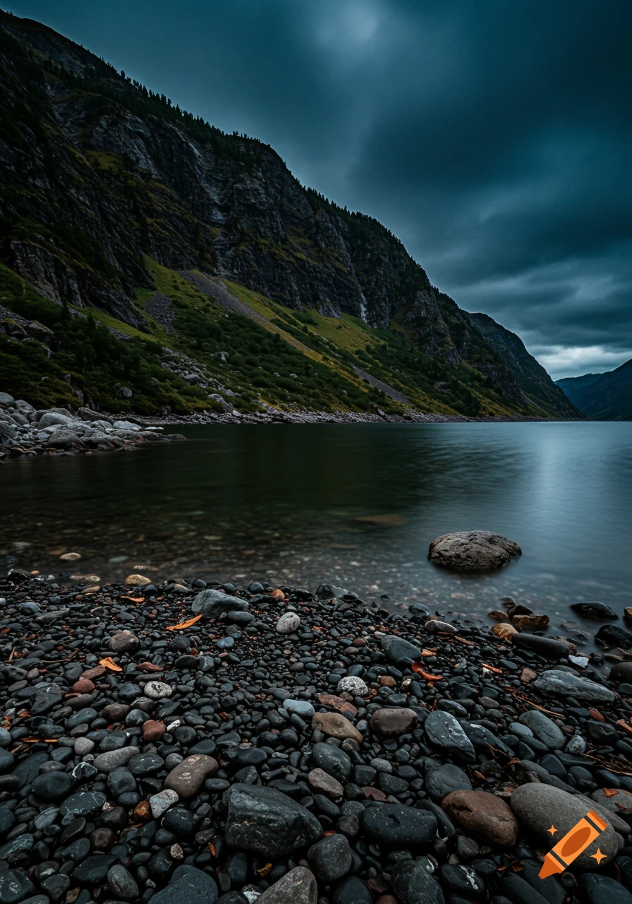 A dark, moody landscape photo of a clear lake with a rocky shore and large mountains under a dramatic cloudy sky.