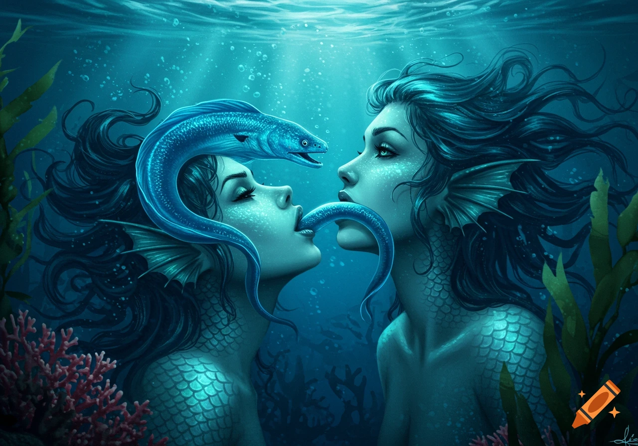 Two mermaid women underwater, an eel linking their mouths, surrounded by coral and seaweed in a fantastical digital art style.