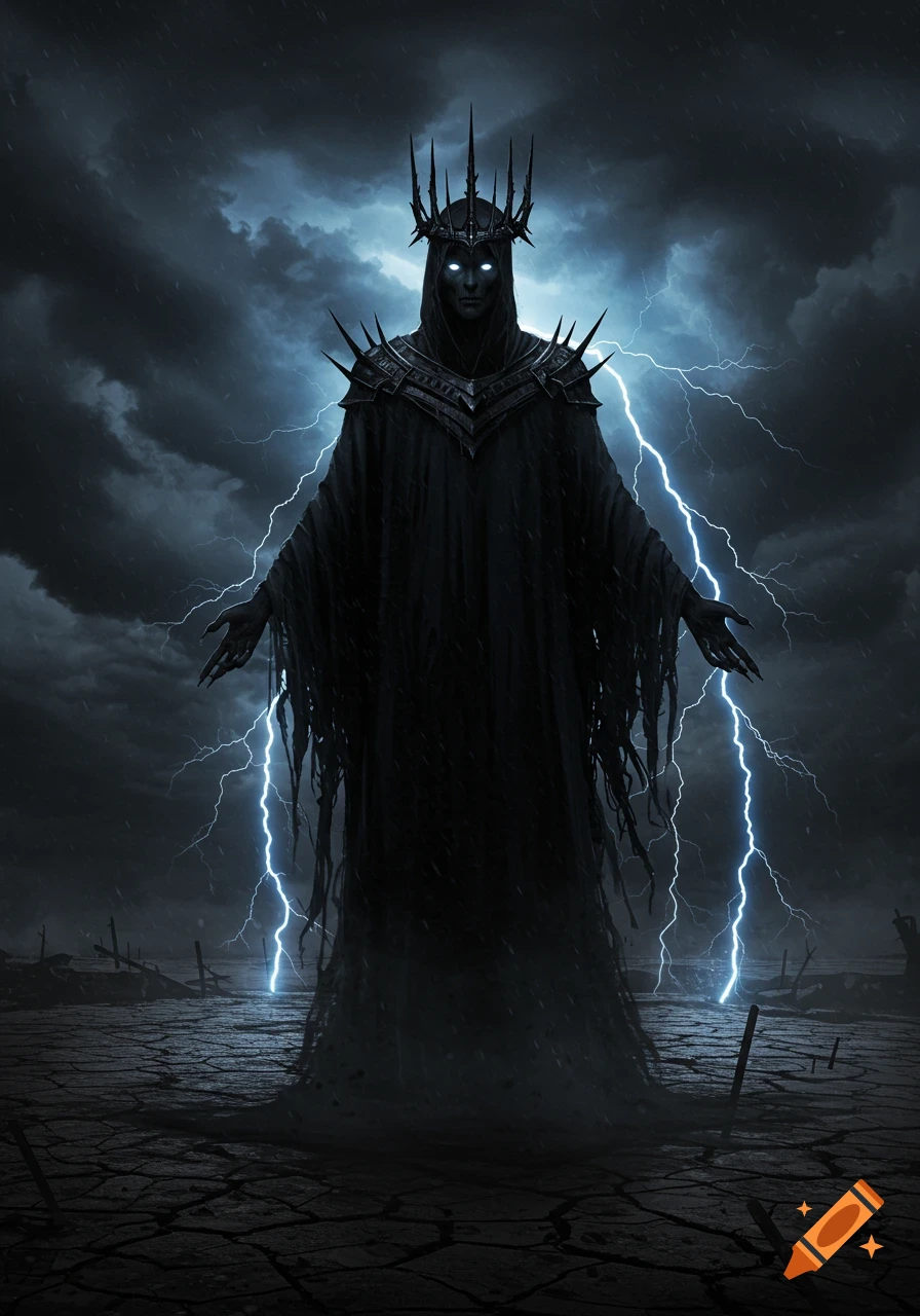 A menacing dark lord with glowing eyes and a spiked crown stands on cracked earth under a stormy sky with lightning.