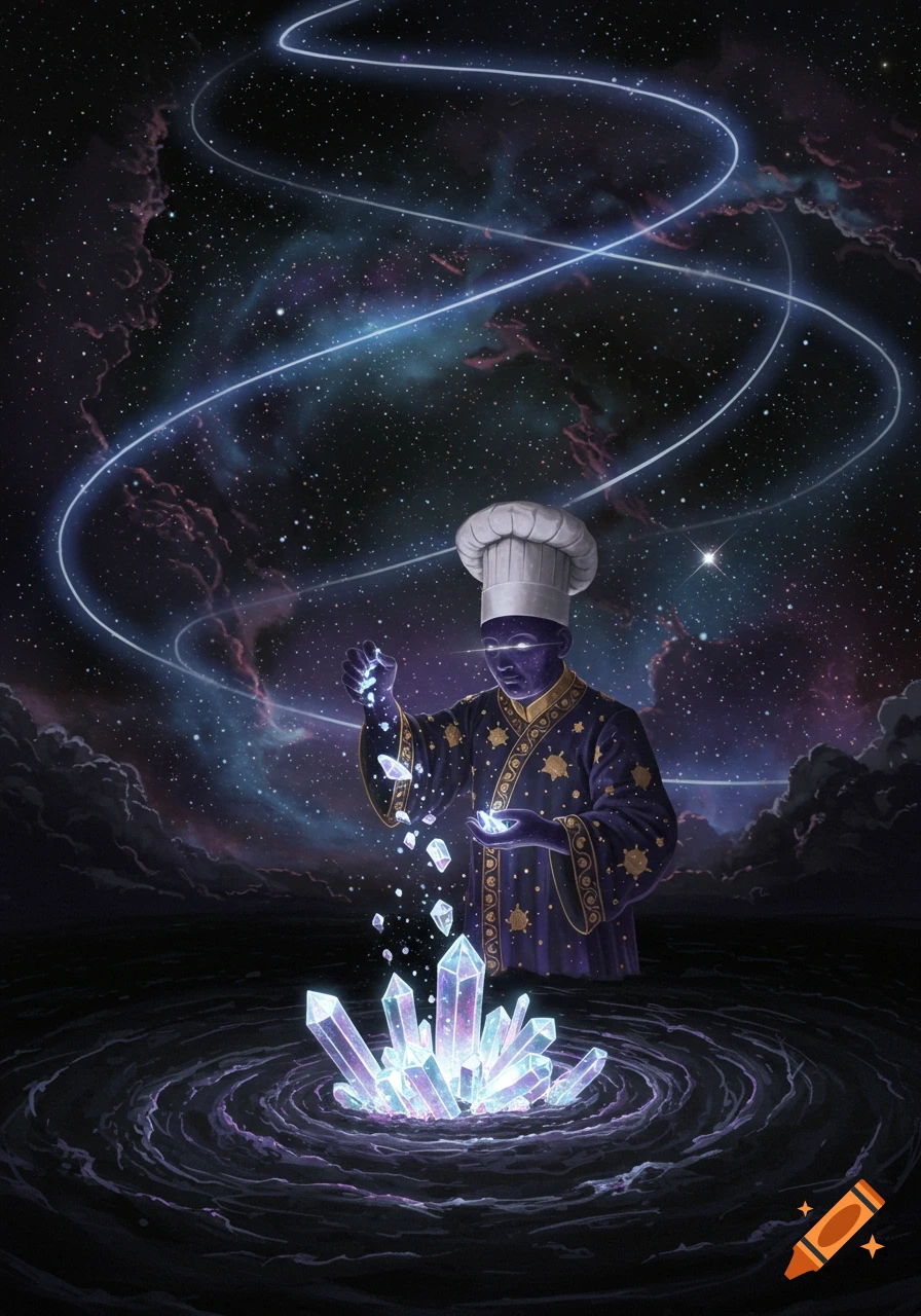 A cosmic chef in a wizard robe sprinkles glowing crystals into a swirling abyss in space surrounded by nebulae and stars.