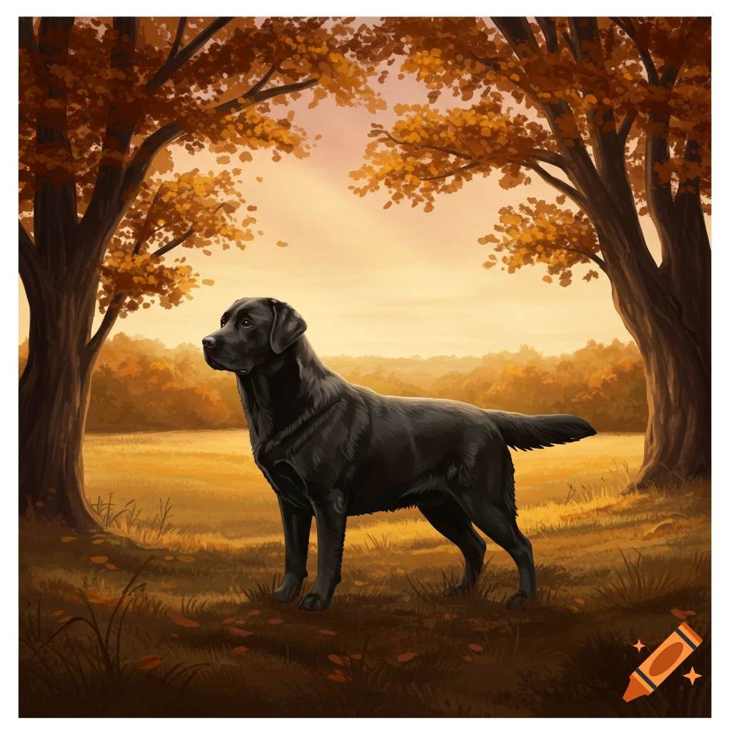 A black Labrador retriever stands in a golden field under autumnal trees with orange leaves, in an illustrative style.