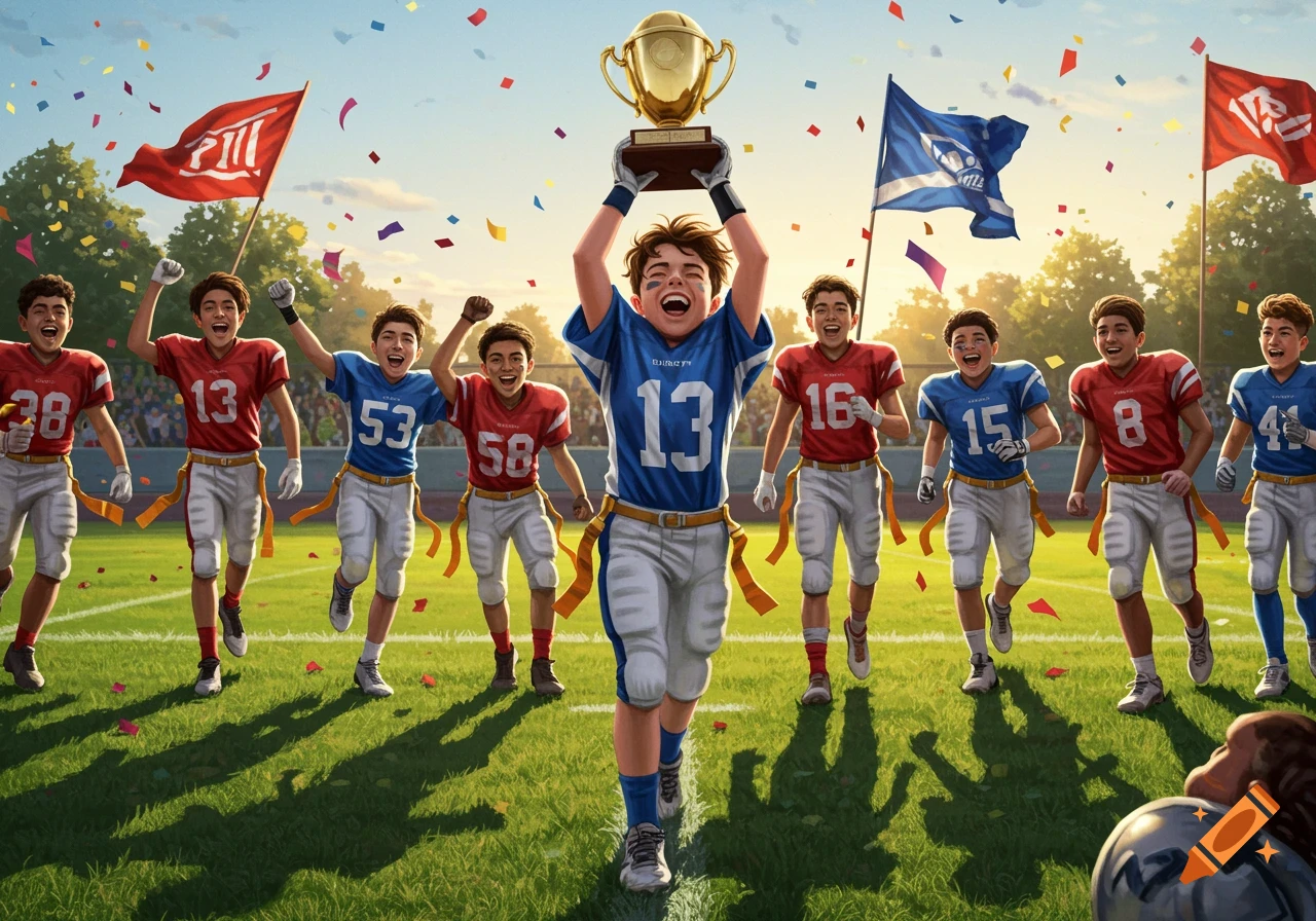 A group of cheering boys in flag football uniforms celebrate on a field with confetti, one boy holding up a championship trophy.