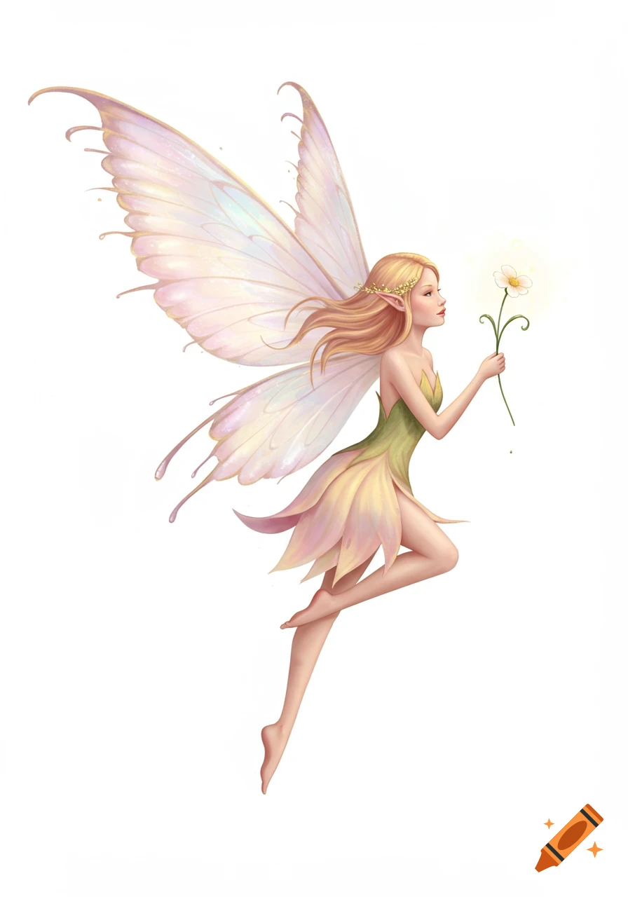 A blonde fairy with large, delicate iridescent wings and a green and pink petal dress floats, holding a glowing white flower.