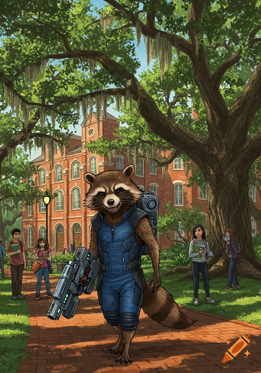 Rocket Raccoon in blue armor carrying a large gun walks on a brick path through a college campus with large trees and a brick building, illustration.