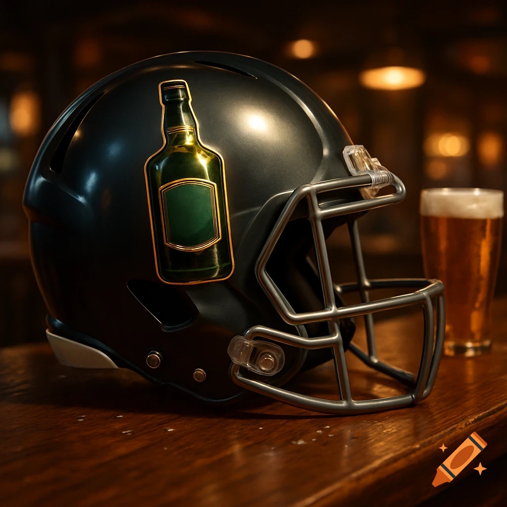 A photorealistic image of a football helmet with a whiskey bottle logo on a wooden bar next to a glass of beer.