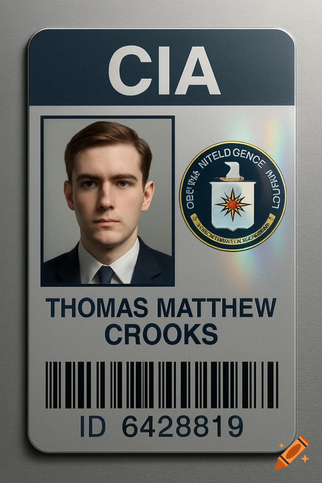 A photorealistic CIA identification badge featuring a serious-looking man's portrait and his name.