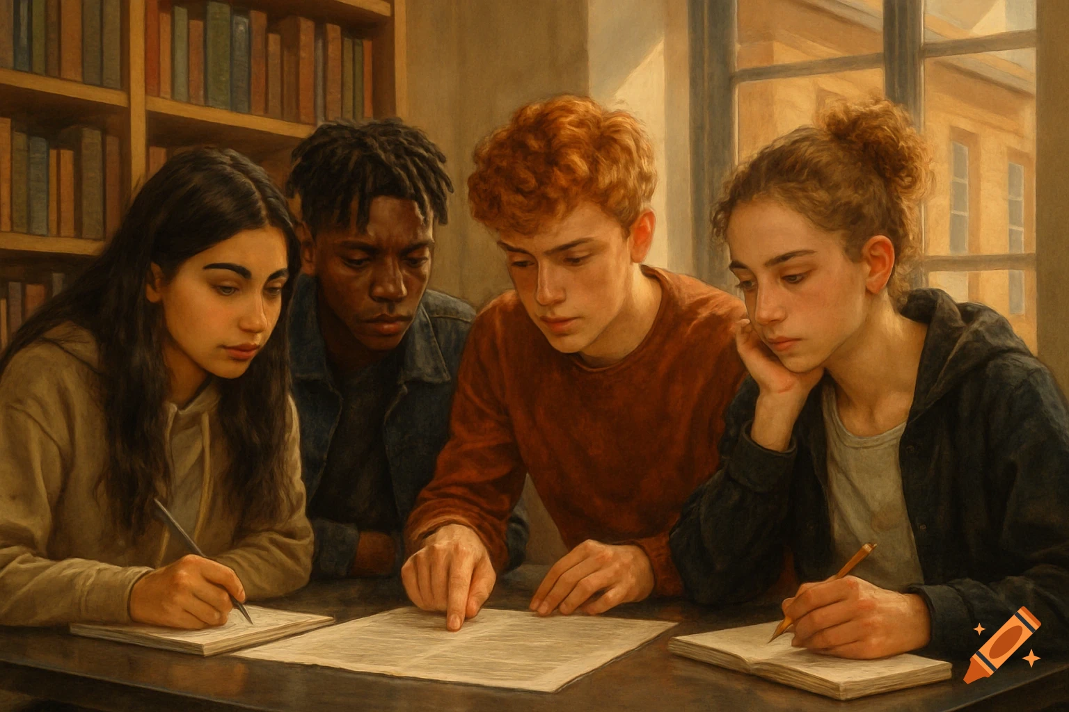 Four young people study together at a wooden table in a room with a bookshelf and window, in a painterly style.