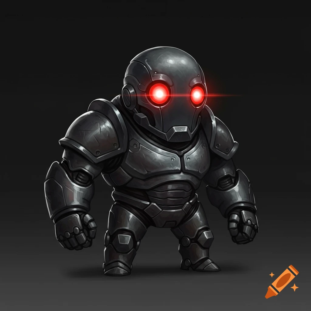 A menacing chibi robot boss in dark heavy armor with glowing red eyes, against a dark background.