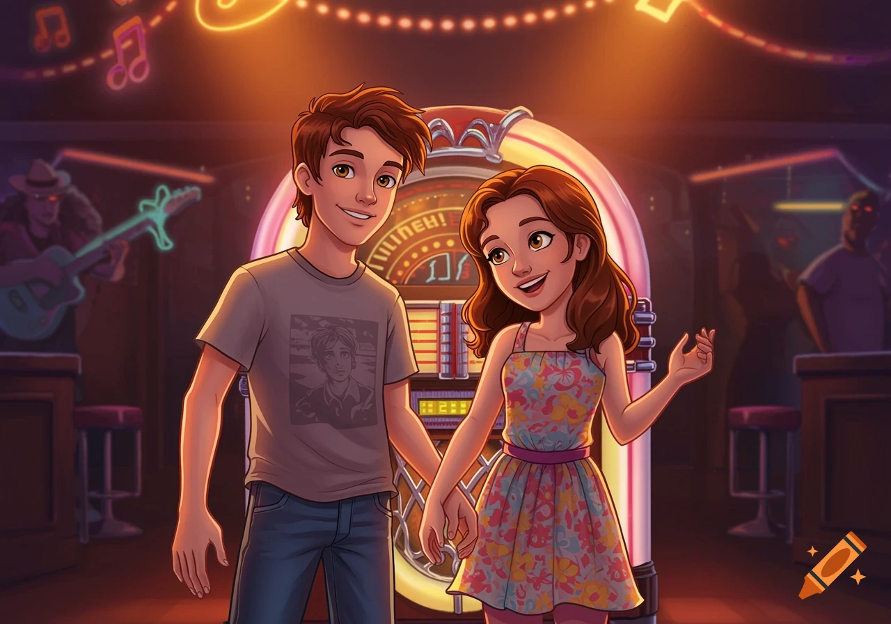 A cartoon boy and girl, with brown hair, hold hands in front of a retro jukebox in a dimly lit diner.