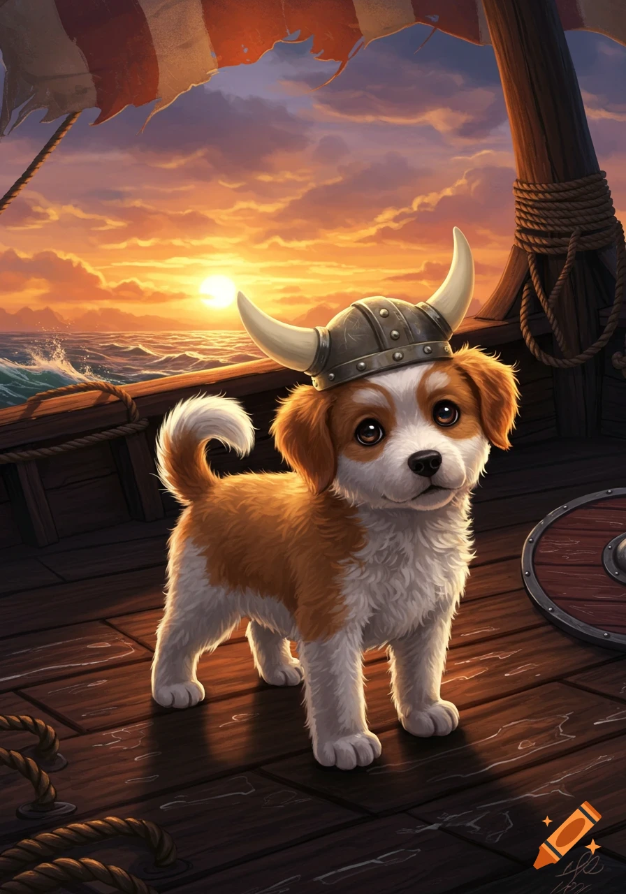 A cute, fluffy puppy wearing a Viking helmet stands on a wooden ship deck at sunset.
