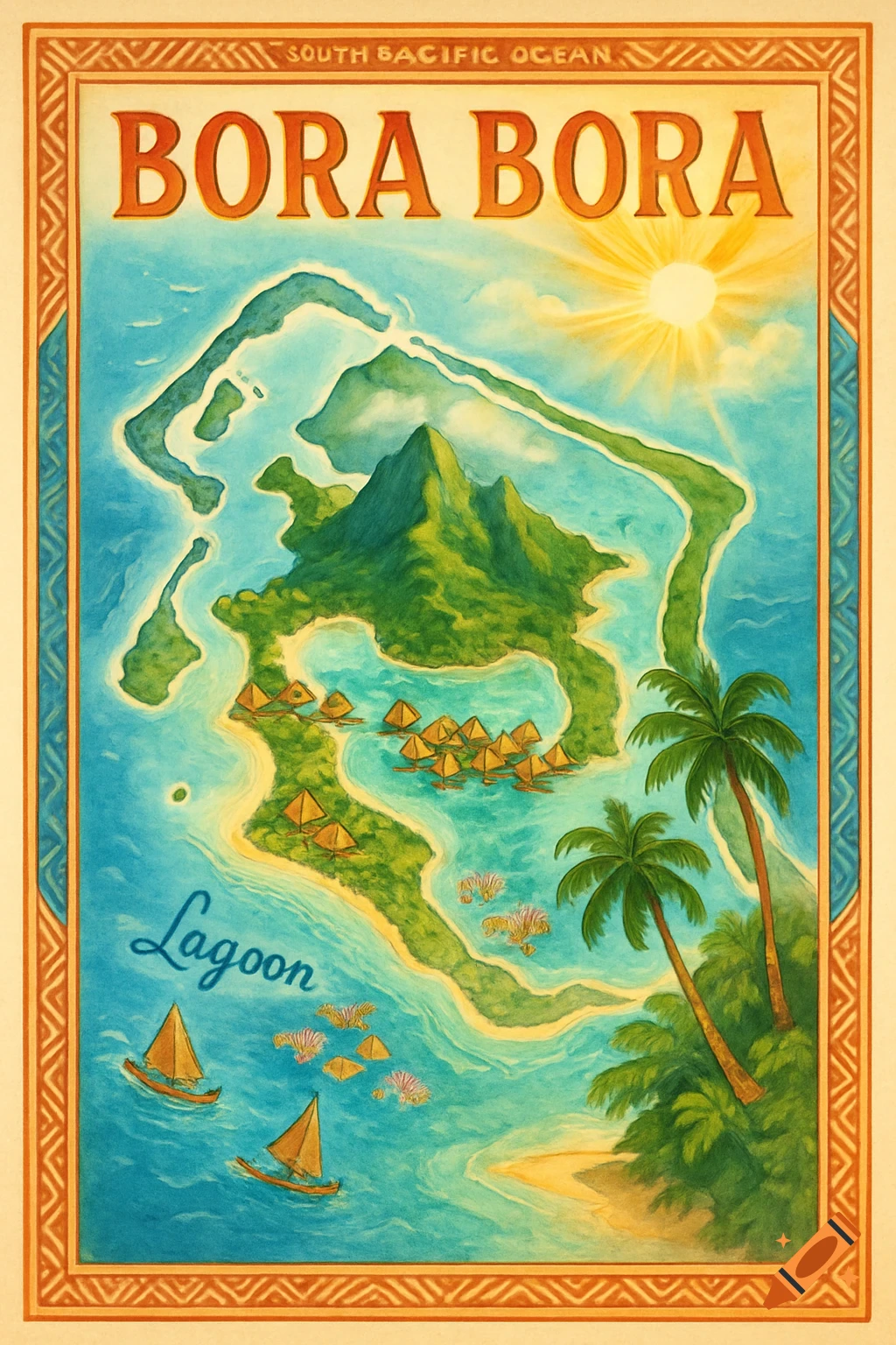 A vintage travel poster style map of Bora Bora island with lagoons, bungalows, palm trees, sailboats, and 'BORA BORA' text.