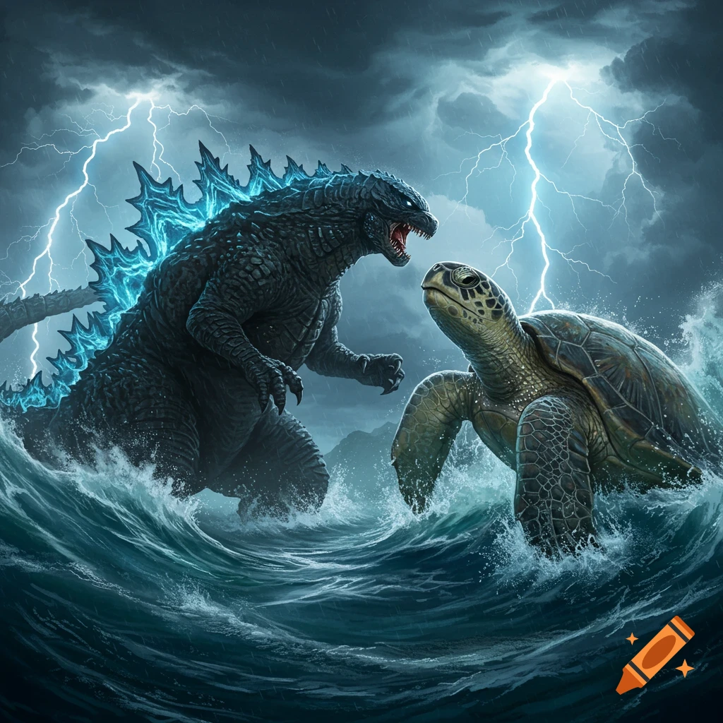 Godzilla and a giant sea turtle battle in stormy, lightning-filled waters.