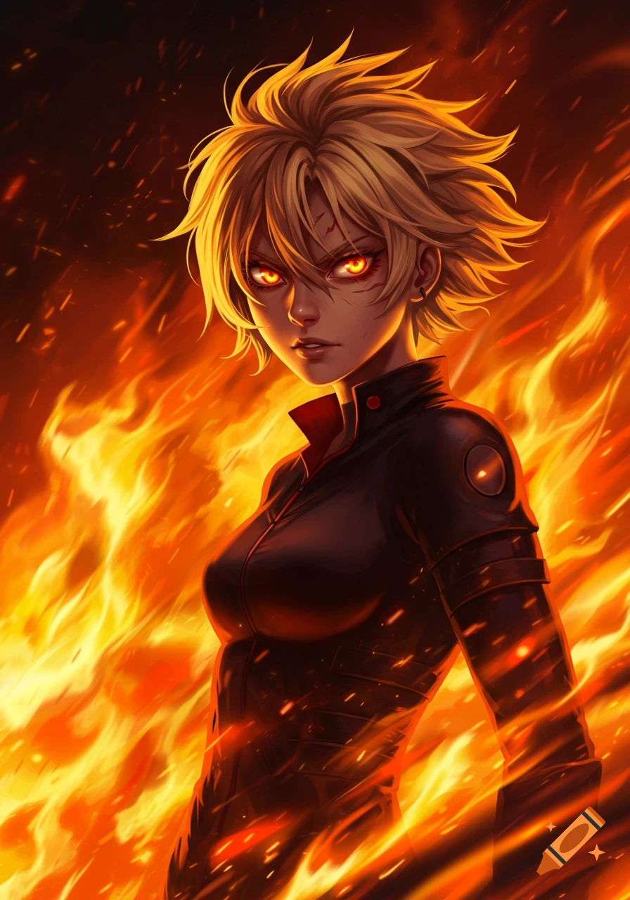 An anime girl with short blonde hair and glowing orange eyes stands intensely amidst roaring flames.