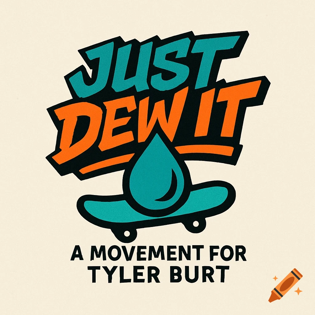 A stylized logo featuring orange and teal text "JUST DEWIT" above a skateboard and a water droplet, with smaller black text "A MOVEMENT FOR TYLER BURT" below.