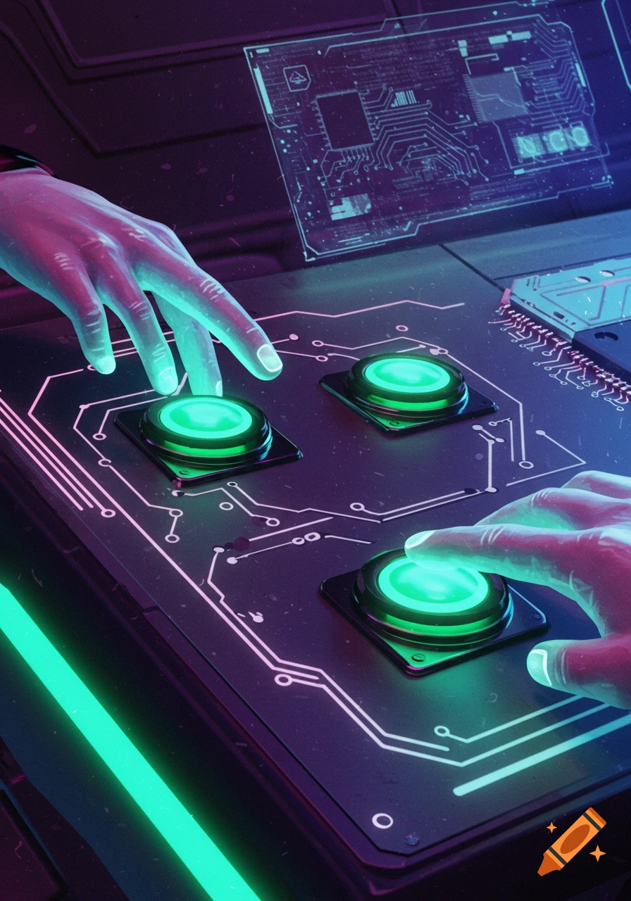 Two glowing hands press neon green buttons on a futuristic control panel with circuit patterns.