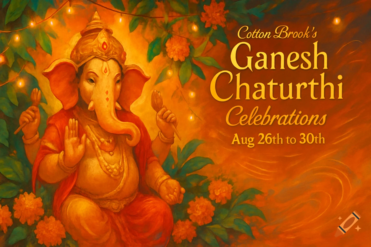 A painting of Ganesha, the Hindu deity, seated with glowing string lights, green leaves, and orange flowers, with text 'Cotton Brook's Ganesh Chaturthi Celebrations Aug 26th to 30th'.