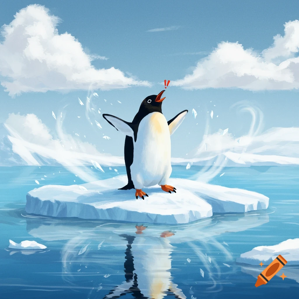 An illustrated penguin joyfully stands with open wings on an ice floe in a blue sea, with ice shards and clouds.
