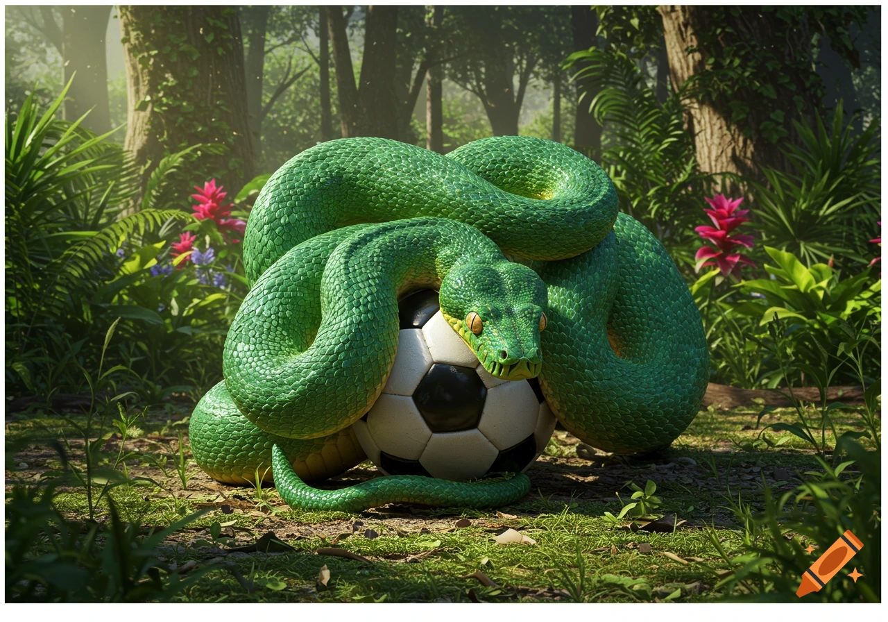 An emerald green boa constrictor snake is coiled around a black and white soccer ball on the floor of a lush, sunlit jungle.