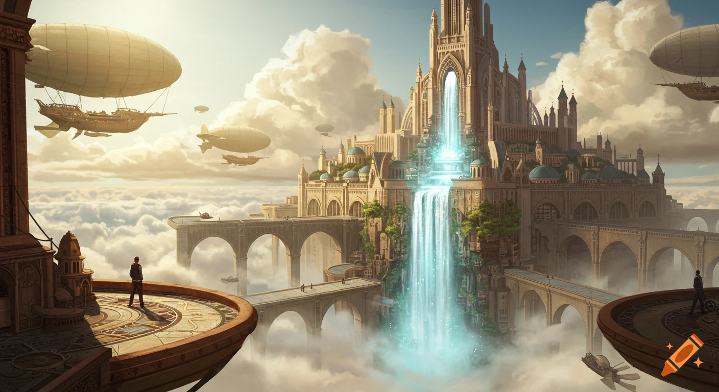 A sprawling steampunk city with towering buildings, a magical waterfall, and airships, floating high above the clouds.