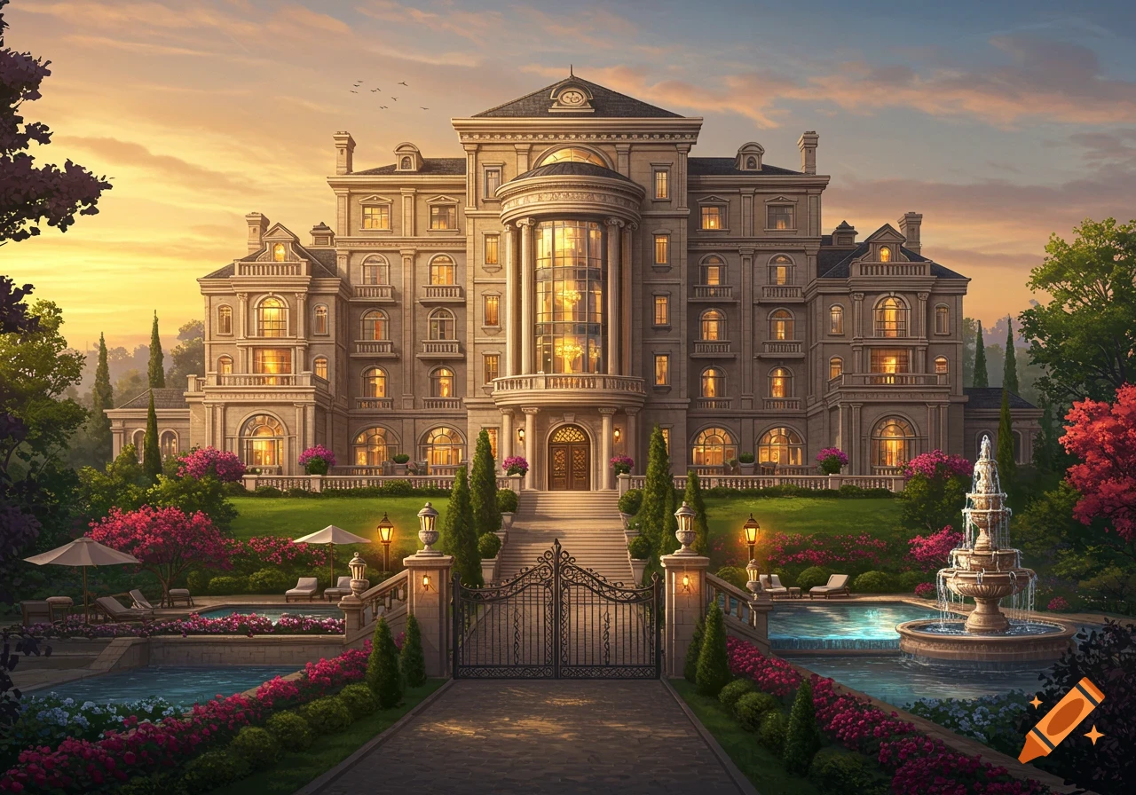 A luxurious mansion with elegant architecture, extensive gardens, swimming pools, and a tiered fountain at sunset.