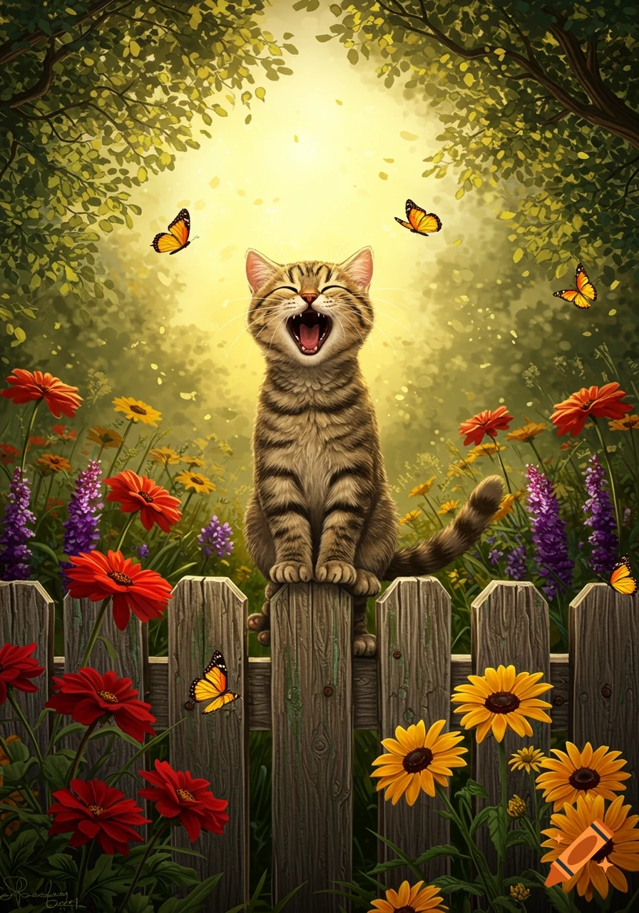 Happy tabby cat on a wooden fence in a vibrant garden with colorful flowers and butterflies, sun shining, illustrated style.