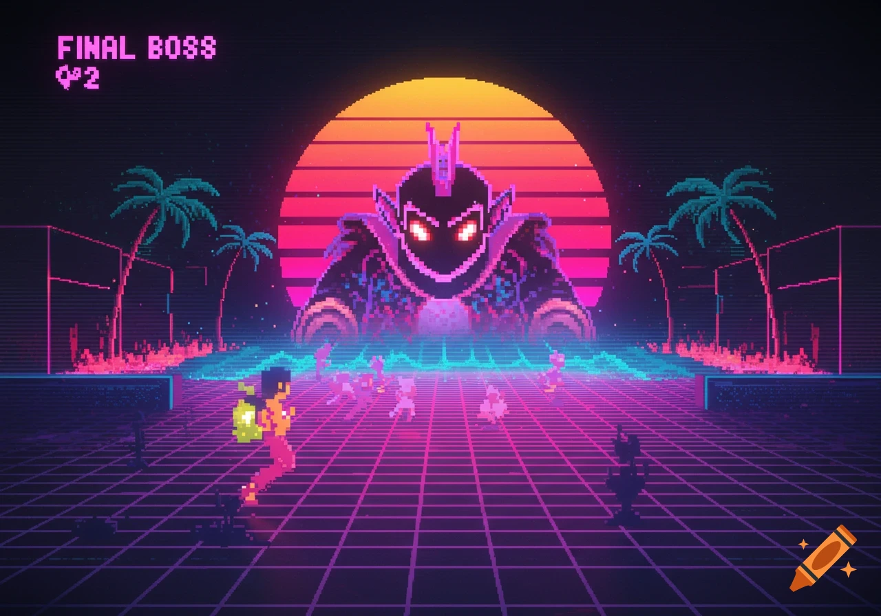 A vibrant pixel art video game scene features a hero facing a giant monster in a retro-futuristic landscape with palm trees and a sunset.