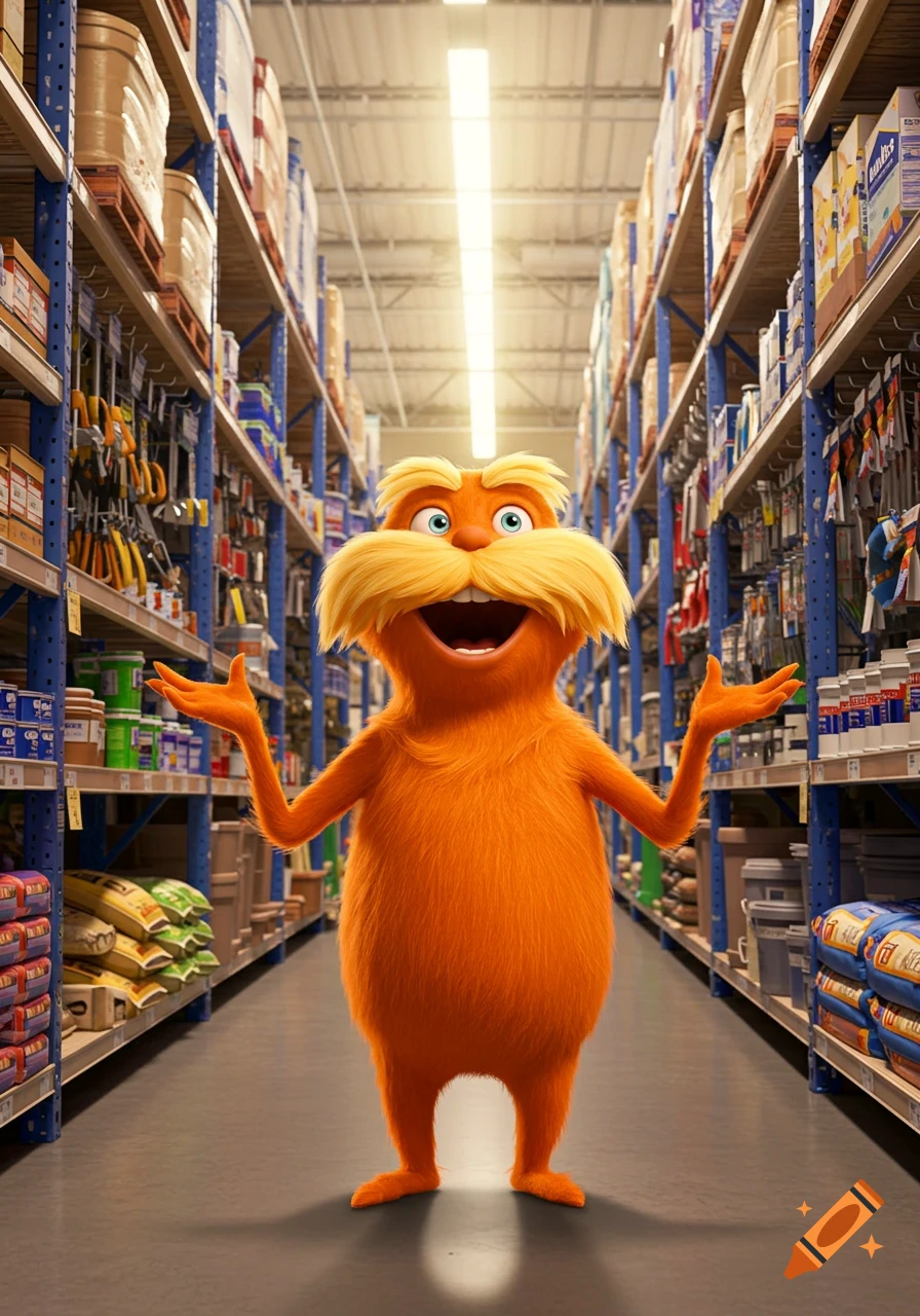 The orange, furry Lorax character with a large yellow mustache stands smiling with open arms in a brightly lit hardware store aisle filled with shelves.
