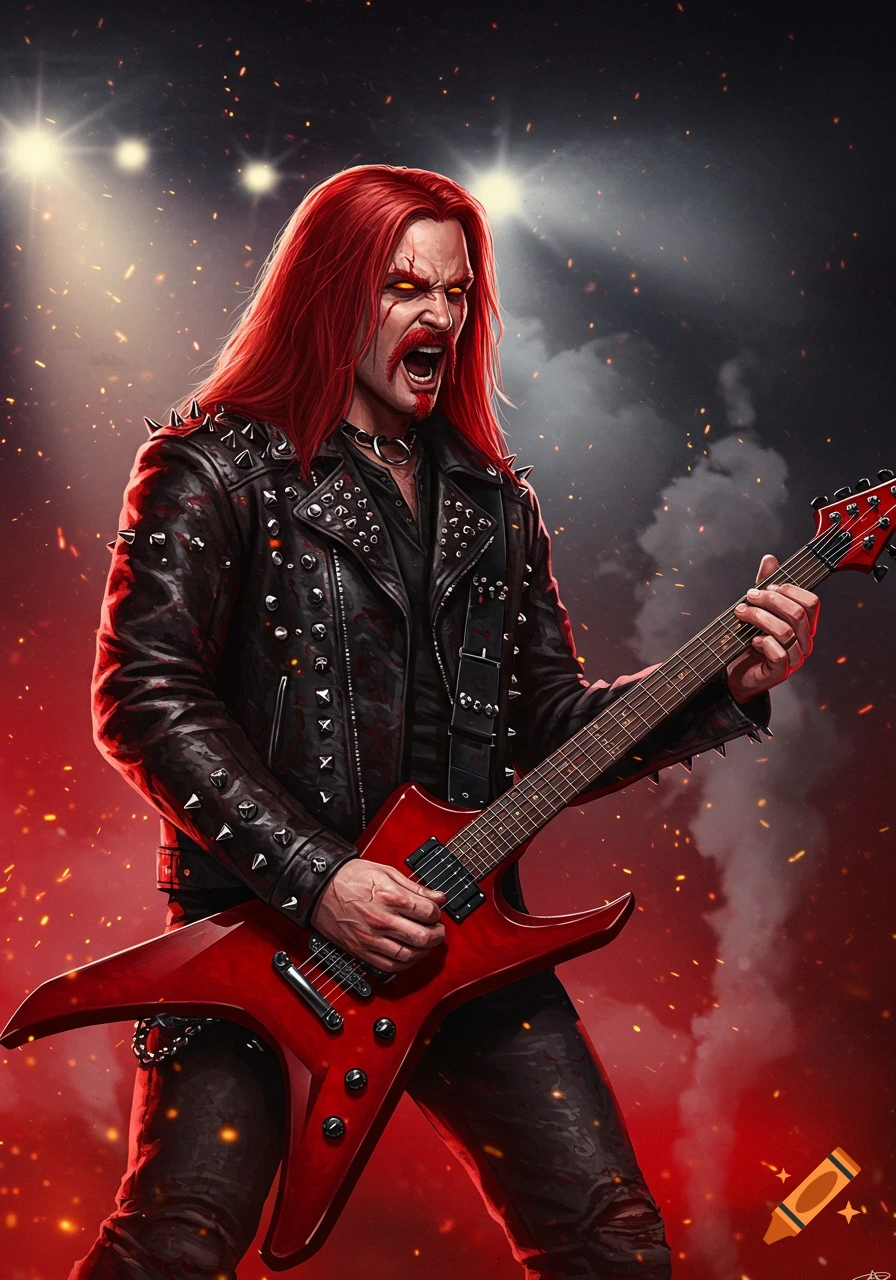A man with long red hair and a goatee, wearing a studded leather jacket, screams while playing a red electric guitar on a fiery stage.