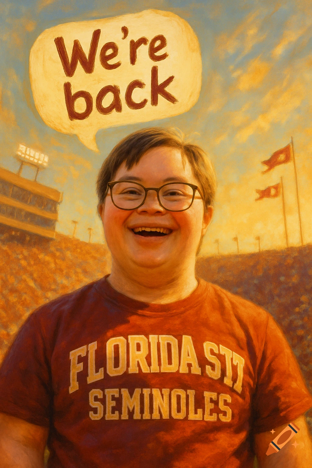 A smiling person wearing glasses and a red Florida State Seminoles shirt stands in a stadium under a speech bubble that says "We're back". The image has a painterly style.