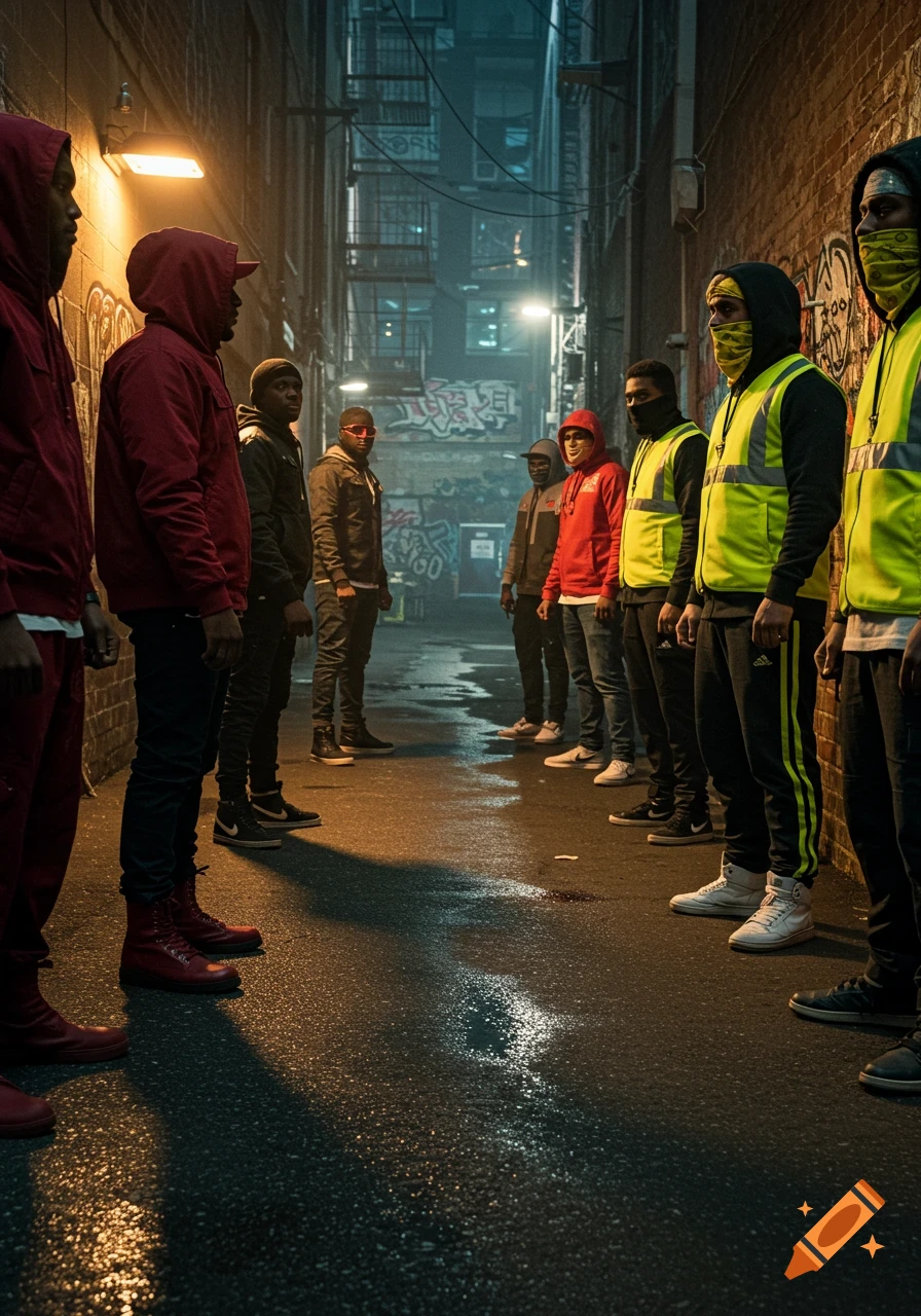 Two groups of men, one in red and one in yellow, face off in a dark, wet urban alley with graffiti on the walls.