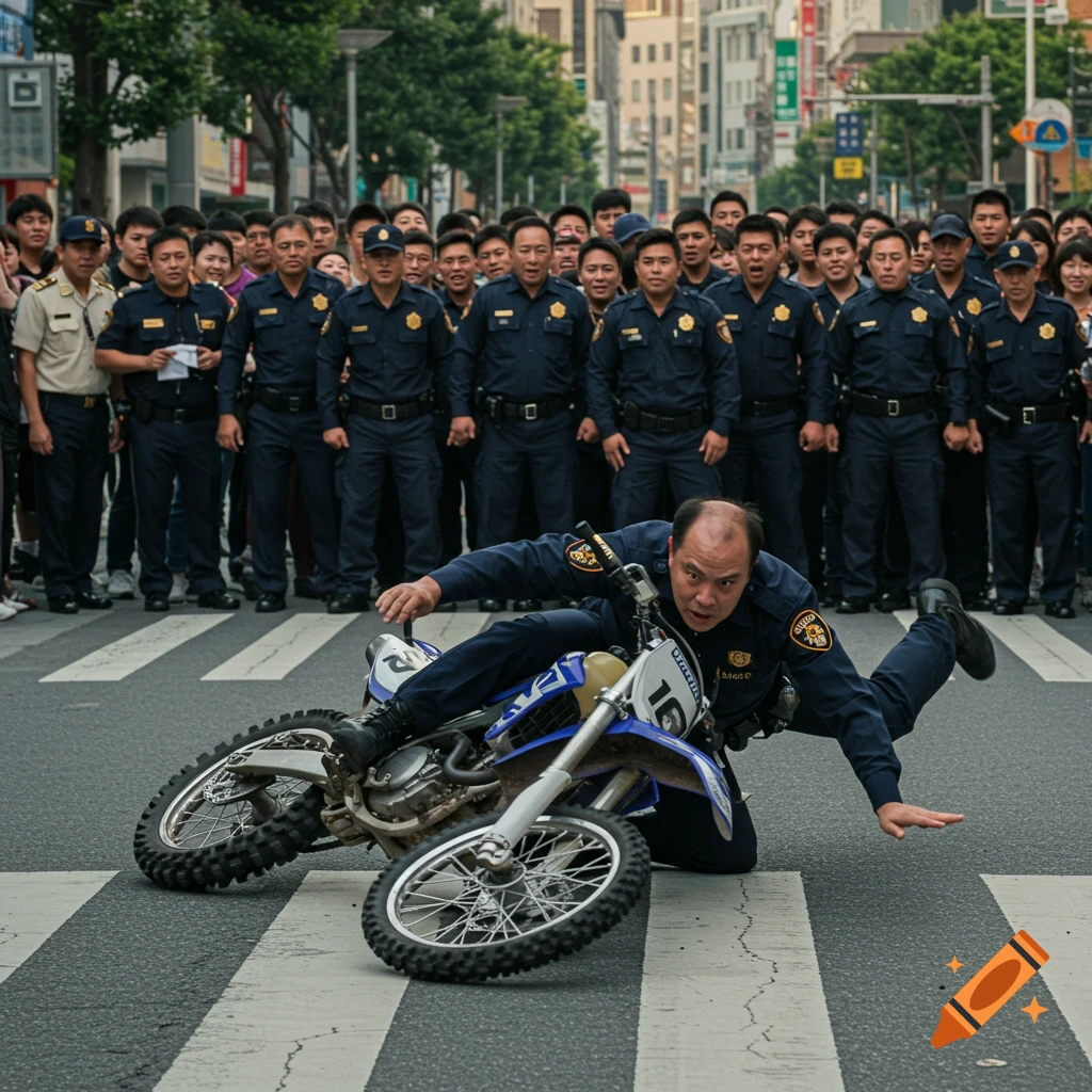 A bald policeman in uniform falls backward off a blue dirt bike onto a zebra crosswalk while a crowd of other police officers watches behind him.