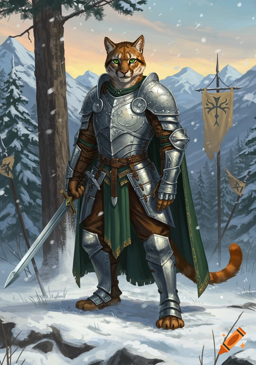 A cougar-like tabaxi paladin in ornate silver armor stands in a snowy mountain landscape, holding a sword in an illustrated style.