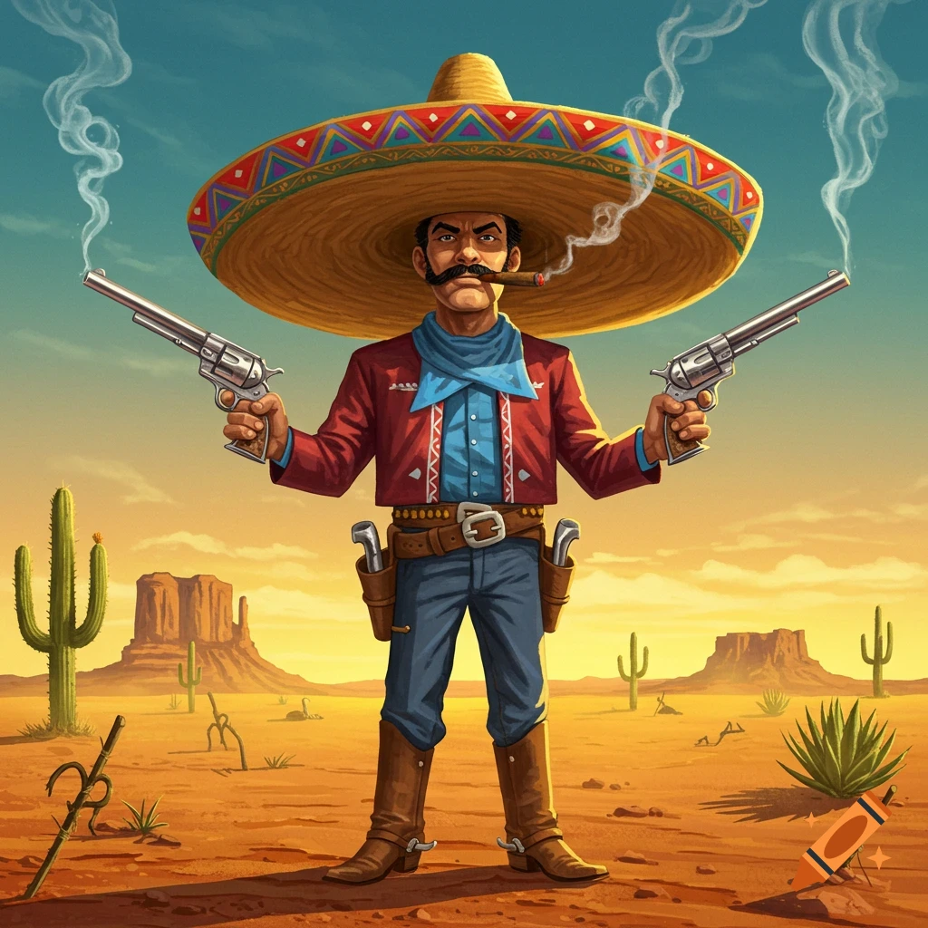 A cartoon man with a large sombrero and mustache, holding two pistols and smoking a cigar in a desert landscape.