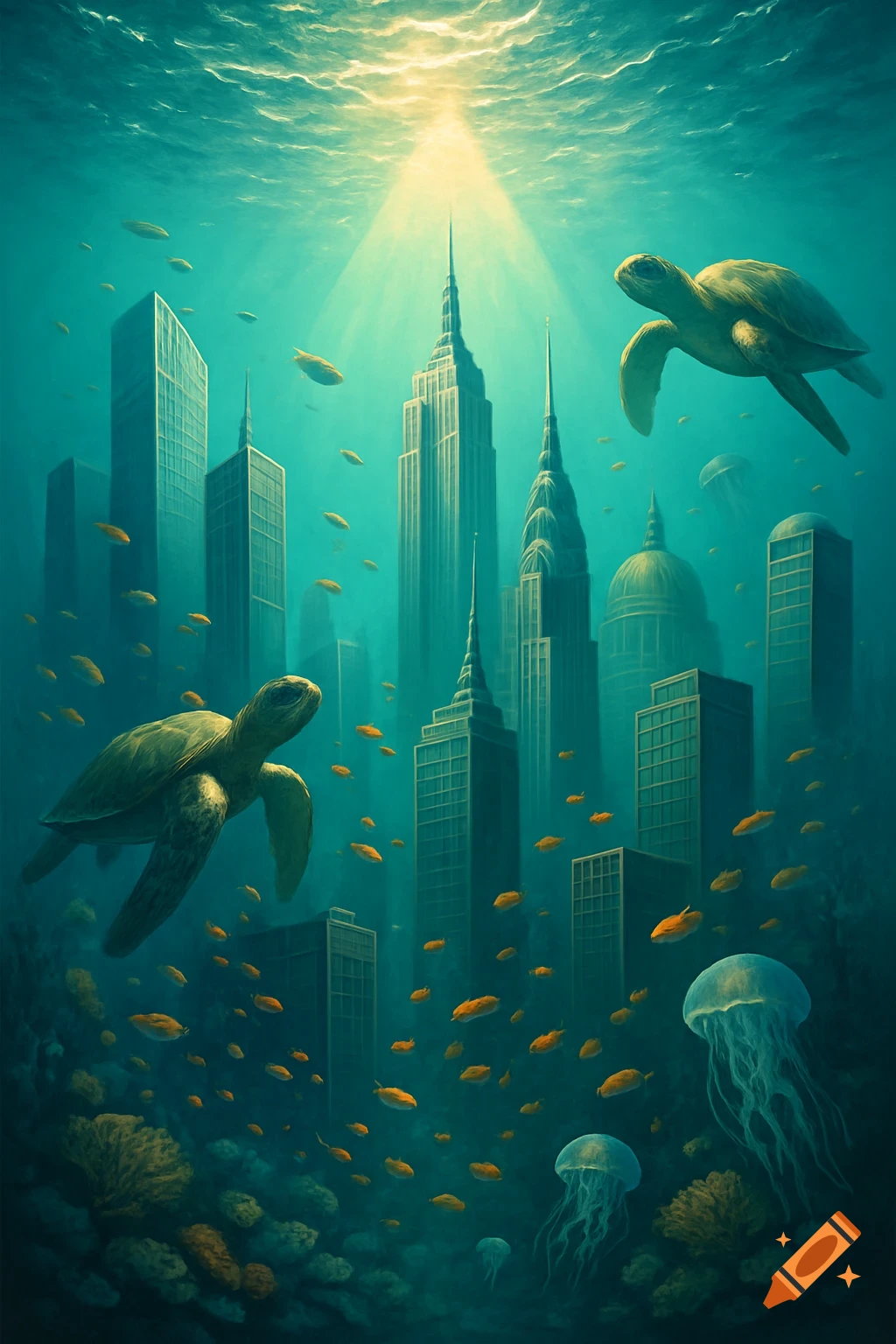 Underwater city skyline with two sea turtles, small fish, and jellyfish swimming amidst skyscrapers, lit by a sunbeam from above.
