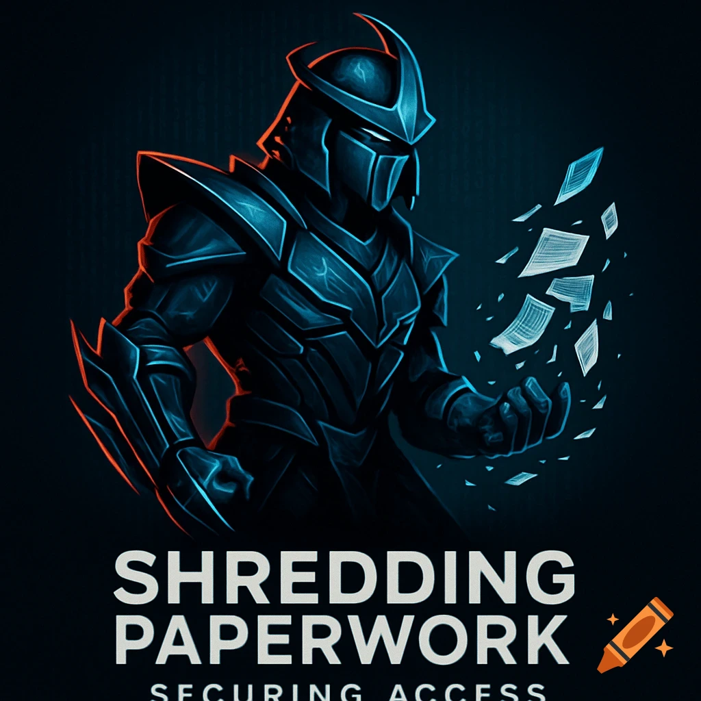 A dark, armored figure with glowing blue and red accents appears to be shredding papers, with text "SHREDDING PAPERWORK" and "SECURING ACCESS" below.