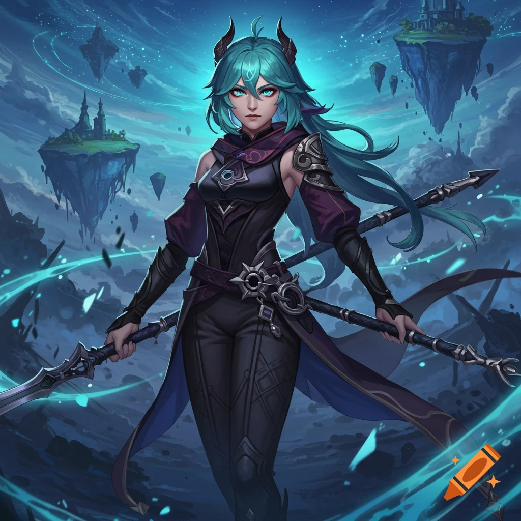 A teal-haired female character with horns and glowing eyes, holding two spears in a fantasy sky with floating islands.