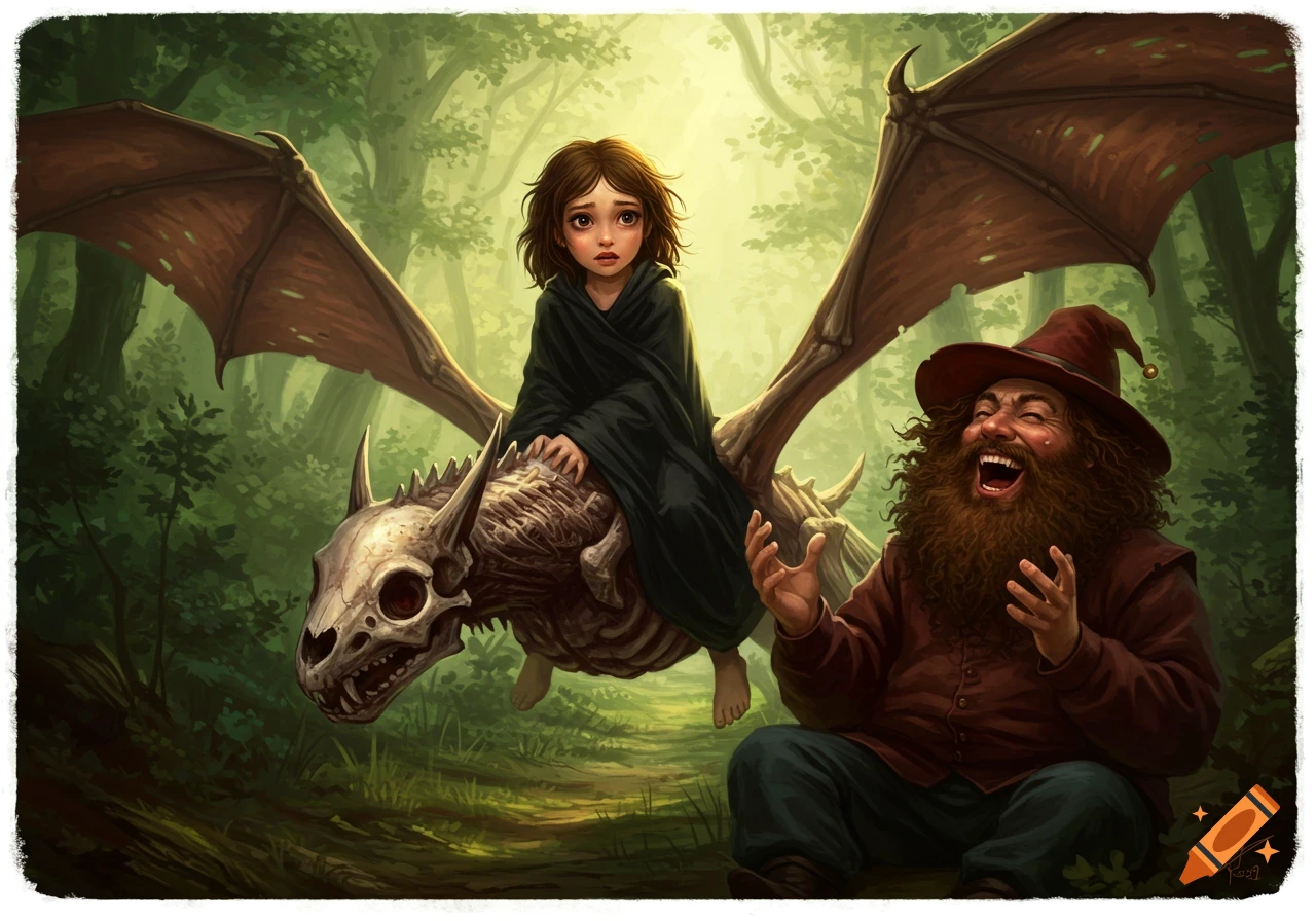 A young girl in a black robe sits on a skeletal, winged creature in a forest, while a bearded man in a red hat laughs beside her.