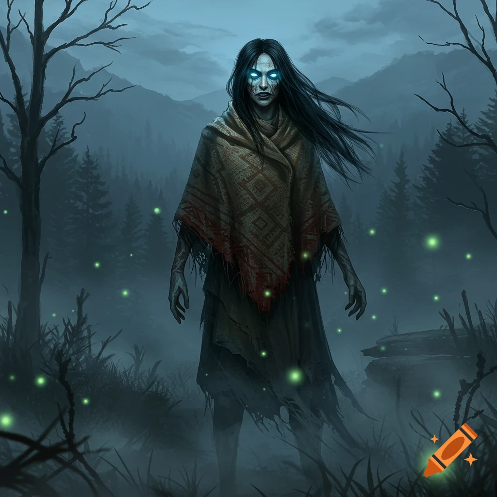 Ghostly female figure with glowing blue eyes and long black hair in a patterned shawl stands in a misty, dark forest with glowing green lights, dark fantasy style.